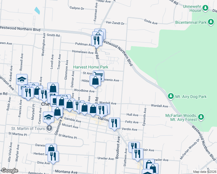 map of restaurants, bars, coffee shops, grocery stores, and more near 3914 Meyerfeld Avenue in Cincinnati
