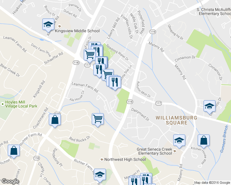 map of restaurants, bars, coffee shops, grocery stores, and more near 18301 Leaman Farm Road in Germantown