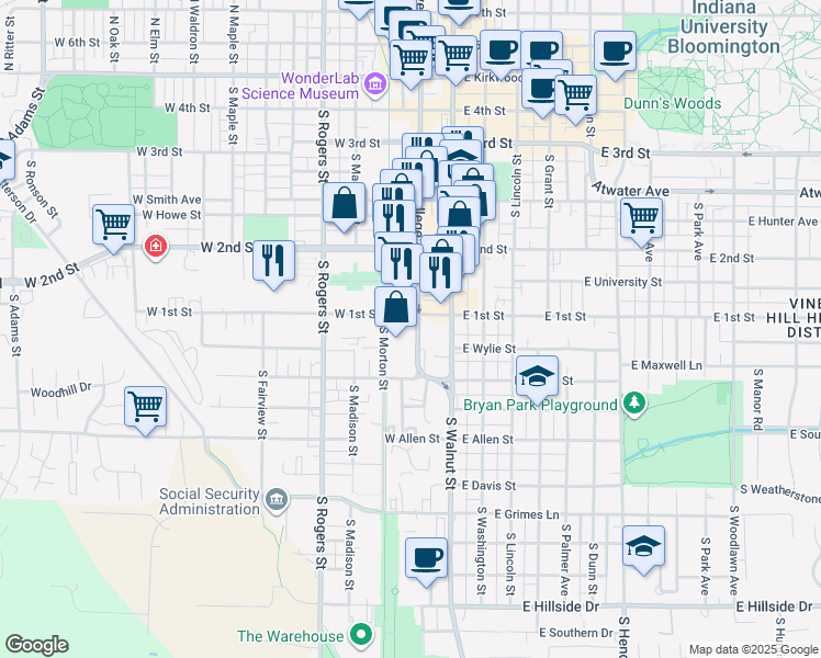 map of restaurants, bars, coffee shops, grocery stores, and more near 606 South College Avenue in Bloomington