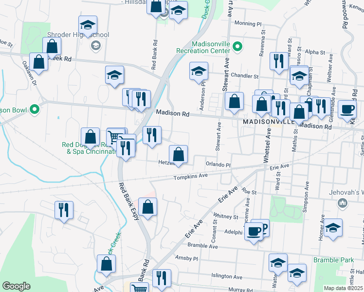 map of restaurants, bars, coffee shops, grocery stores, and more near 5365 Medpace Way in Cincinnati