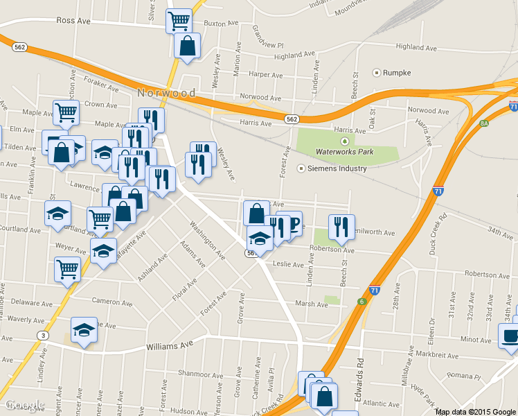 map of restaurants, bars, coffee shops, grocery stores, and more near 2321 Park Avenue in Cincinnati