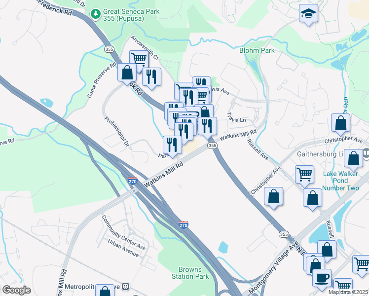 map of restaurants, bars, coffee shops, grocery stores, and more near 136 Paramount Park Drive in Gaithersburg