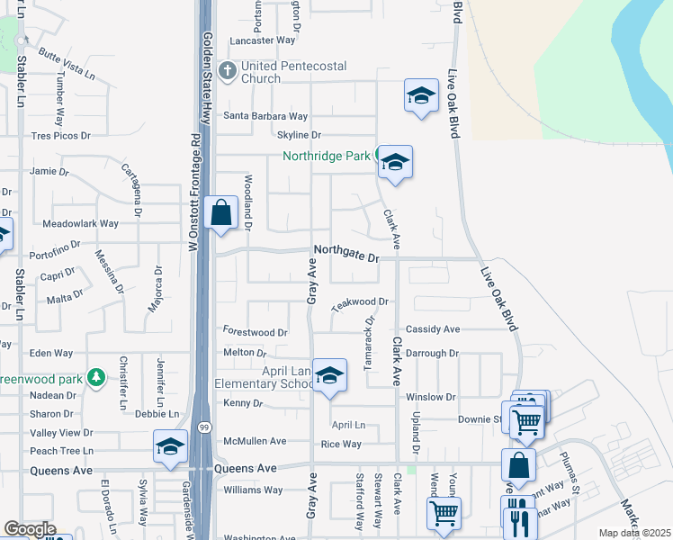 map of restaurants, bars, coffee shops, grocery stores, and more near 1735 Greengate Street in Yuba City
