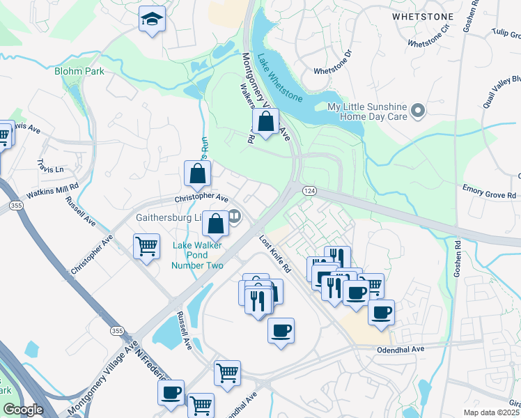 map of restaurants, bars, coffee shops, grocery stores, and more near 9813 Hellingly Place in Gaithersburg