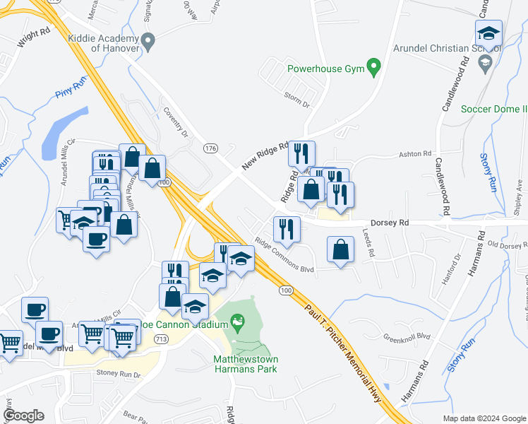 map of restaurants, bars, coffee shops, grocery stores, and more near 7500 Ridge Rd in Hanover