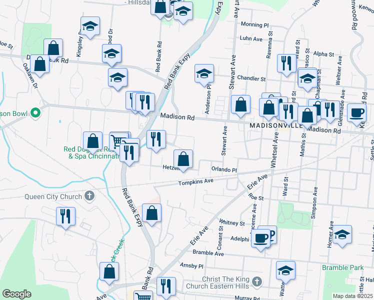 map of restaurants, bars, coffee shops, grocery stores, and more near 5365 Medpace Way in Cincinnati