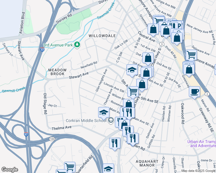 map of restaurants, bars, coffee shops, grocery stores, and more near 207 Lincoln Avenue Southwest in Glen Burnie