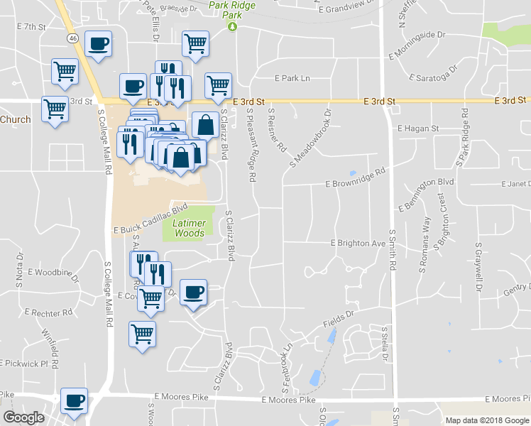 map of restaurants, bars, coffee shops, grocery stores, and more near 701 South Pleasant Ridge Road in Bloomington