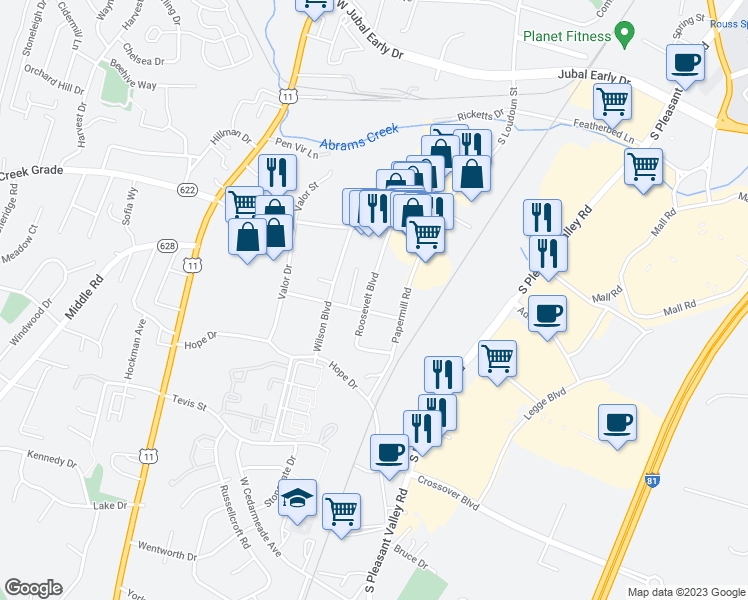 map of restaurants, bars, coffee shops, grocery stores, and more near 2256 Roosevelt Boulevard in Winchester