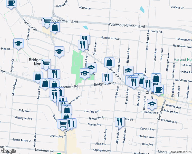 map of restaurants, bars, coffee shops, grocery stores, and more near 3828 Church Lane in Cincinnati