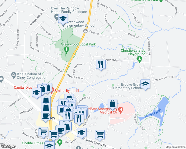 map of restaurants, bars, coffee shops, grocery stores, and more near 3008 Gatehouse Court in Olney