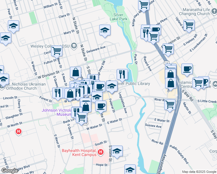 map of restaurants, bars, coffee shops, grocery stores, and more near 35 Loockerman Plaza in Dover