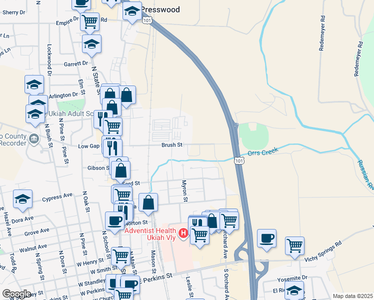 map of restaurants, bars, coffee shops, grocery stores, and more near 365 Brush Street in Ukiah
