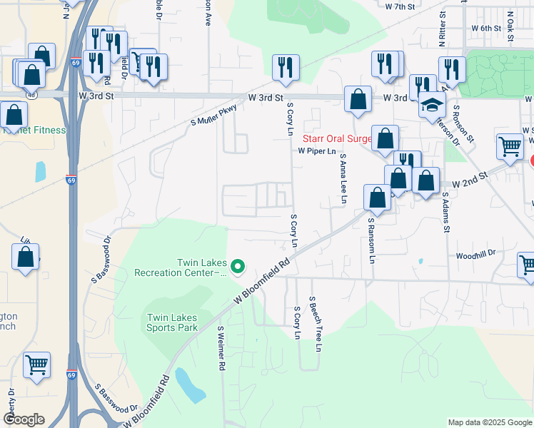 map of restaurants, bars, coffee shops, grocery stores, and more near 2026 West Cory Drive in Bloomington