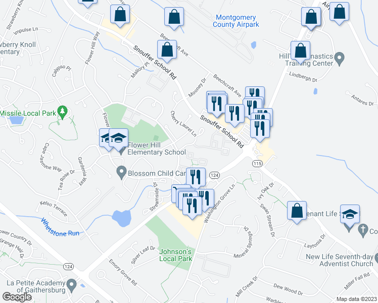 map of restaurants, bars, coffee shops, grocery stores, and more near 7925 Coriander Drive in Gaithersburg
