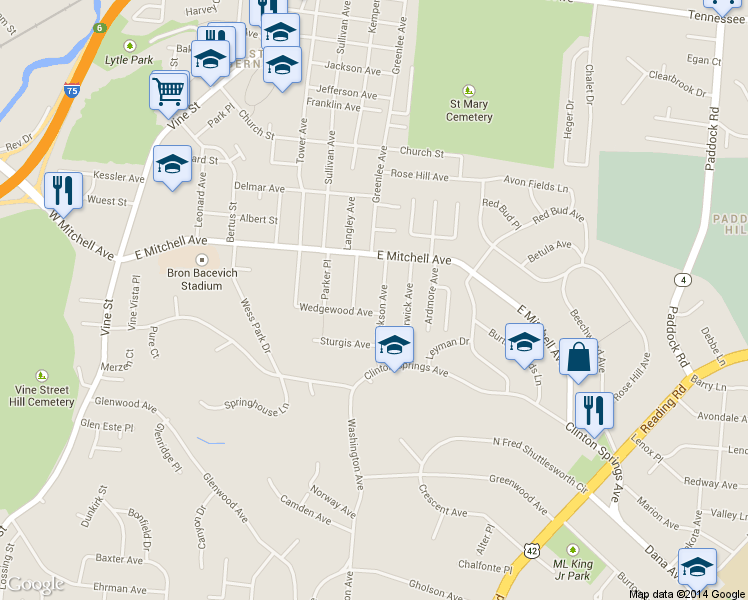 map of restaurants, bars, coffee shops, grocery stores, and more near 3959 Dickson Avenue in Cincinnati