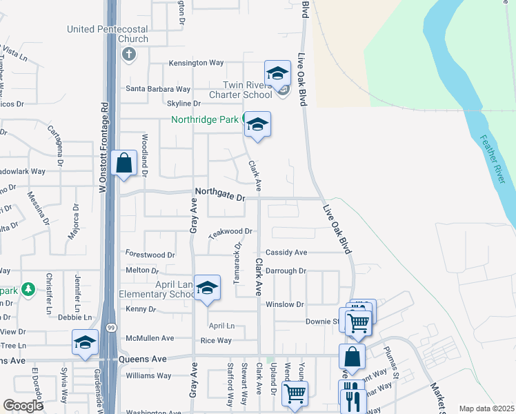 map of restaurants, bars, coffee shops, grocery stores, and more near 1784 Clark Avenue in Yuba City