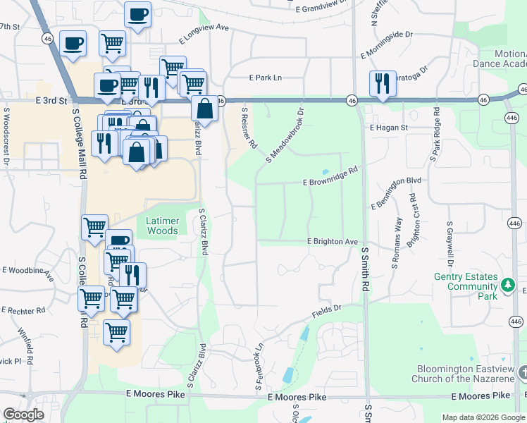 map of restaurants, bars, coffee shops, grocery stores, and more near 705 South Meadowbrook Drive in Bloomington