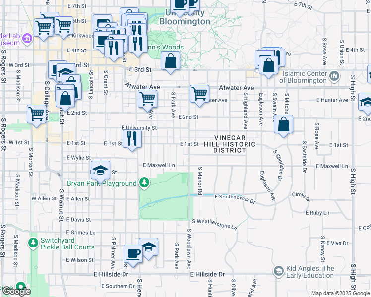 map of restaurants, bars, coffee shops, grocery stores, and more near 804 South Woodlawn Avenue in Bloomington