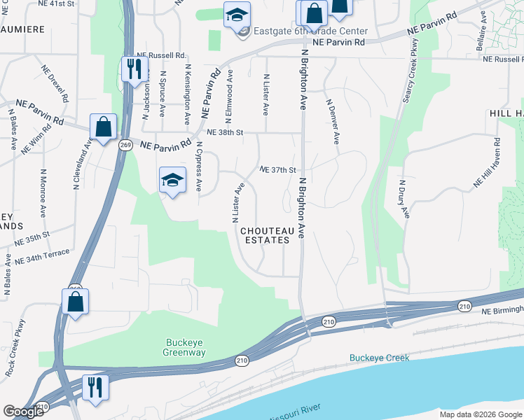 map of restaurants, bars, coffee shops, grocery stores, and more near 3605 North Chelsea Avenue in Kansas City