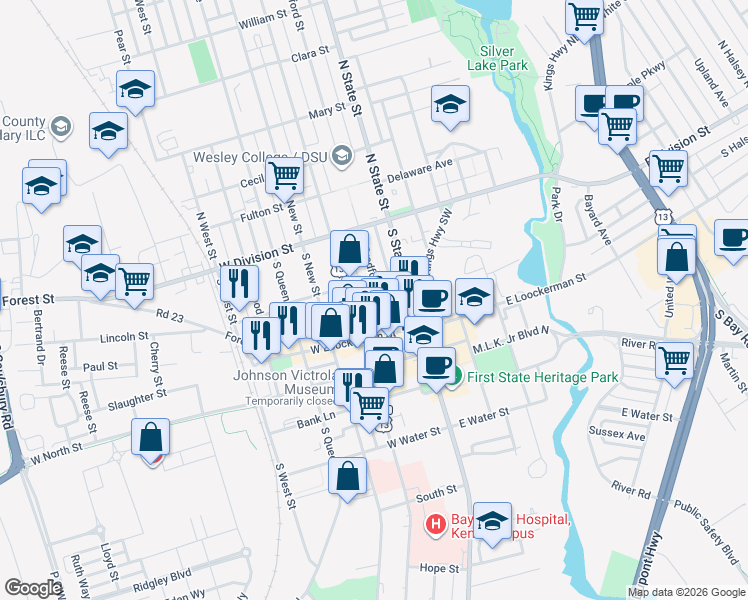 map of restaurants, bars, coffee shops, grocery stores, and more near 120 South Bradford Street in Dover