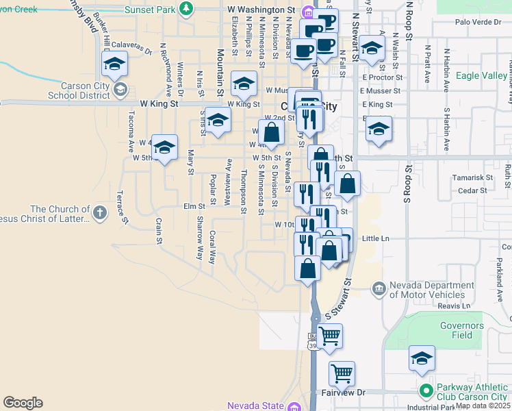 map of restaurants, bars, coffee shops, grocery stores, and more near 868 South Minnesota Street in Carson City