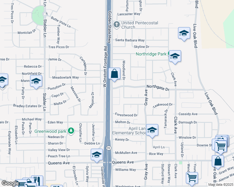 map of restaurants, bars, coffee shops, grocery stores, and more near 1750 Woodland Drive in Yuba City