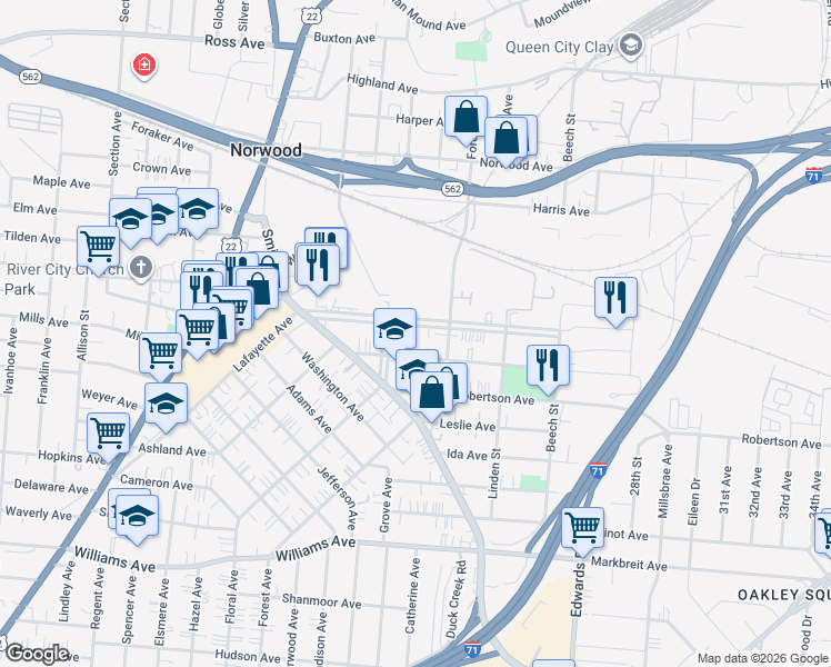 map of restaurants, bars, coffee shops, grocery stores, and more near 2321 Park Avenue in Cincinnati