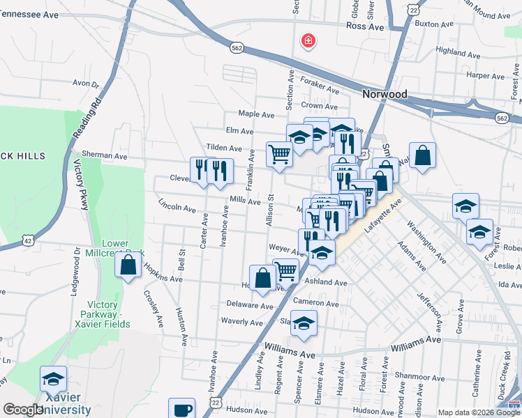 map of restaurants, bars, coffee shops, grocery stores, and more near 1917 Mills Avenue in Cincinnati