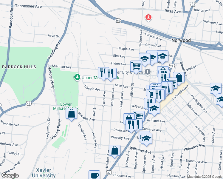map of restaurants, bars, coffee shops, grocery stores, and more near 1804 Lincoln Avenue in Cincinnati