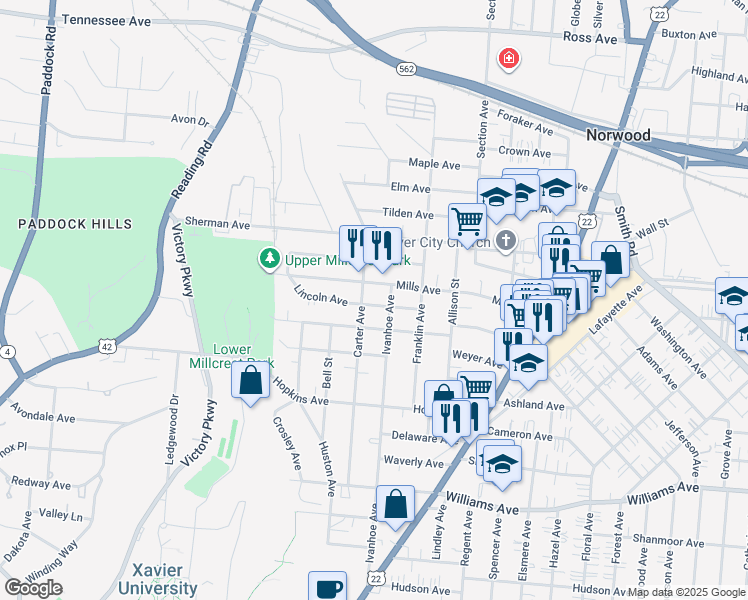 map of restaurants, bars, coffee shops, grocery stores, and more near 1804 Lincoln Avenue in Cincinnati