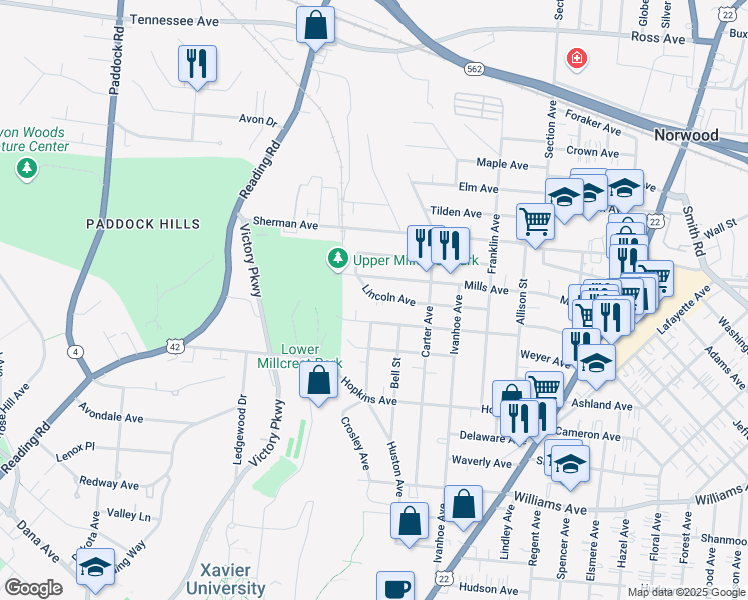 map of restaurants, bars, coffee shops, grocery stores, and more near 1703 Lincoln Avenue in Norwood