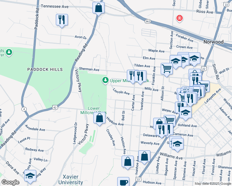 map of restaurants, bars, coffee shops, grocery stores, and more near 1703 Lincoln Avenue in Norwood