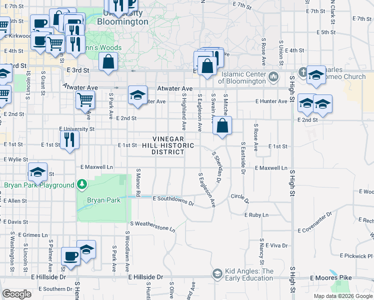 map of restaurants, bars, coffee shops, grocery stores, and more near 1320 East 1st Street in Bloomington
