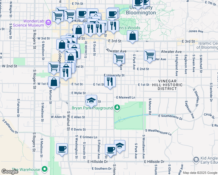 map of restaurants, bars, coffee shops, grocery stores, and more near 524 East 1st Street in Bloomington