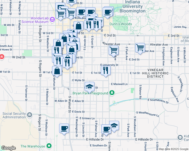 map of restaurants, bars, coffee shops, grocery stores, and more near 412 East 1st Street in Bloomington
