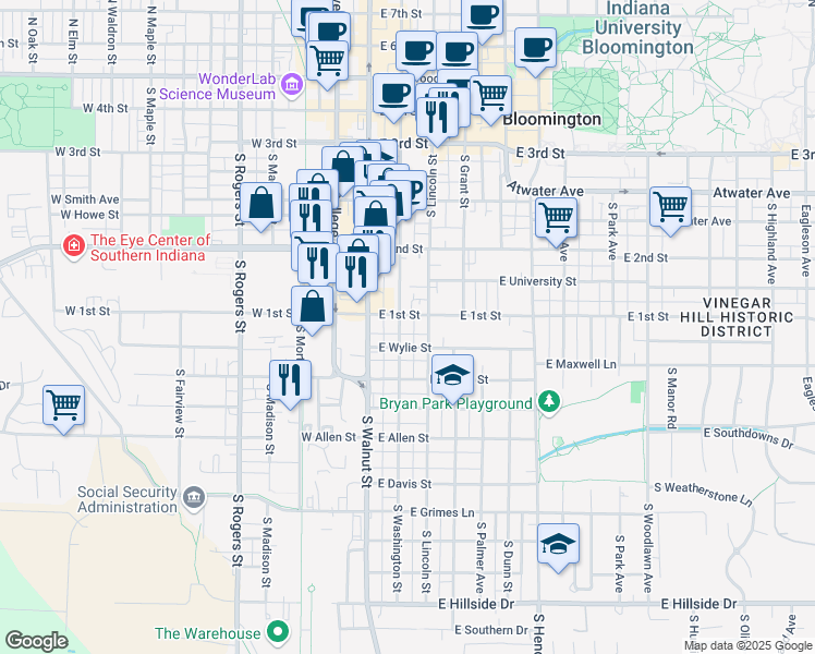 map of restaurants, bars, coffee shops, grocery stores, and more near 607 South Washington Street in Bloomington