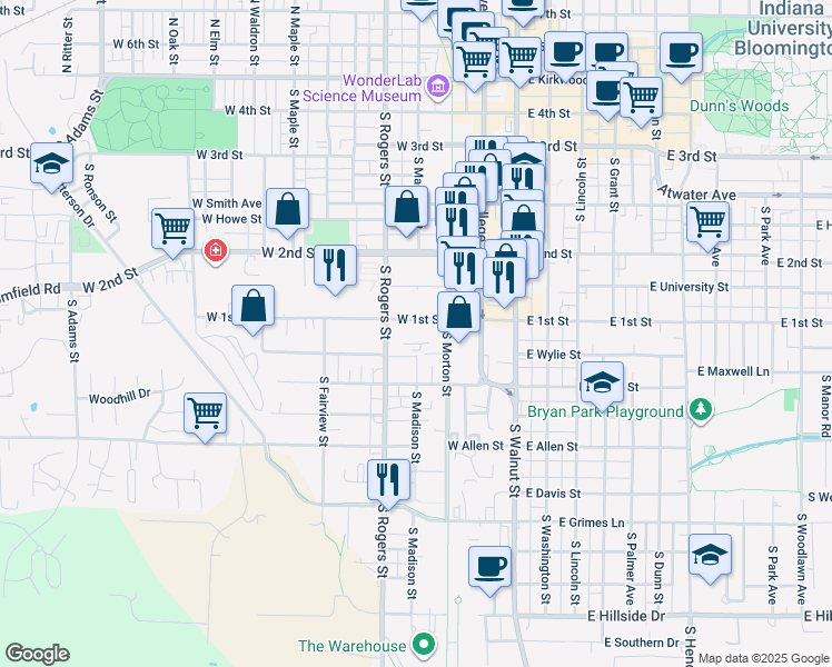 map of restaurants, bars, coffee shops, grocery stores, and more near 409 West 1st Street in Bloomington