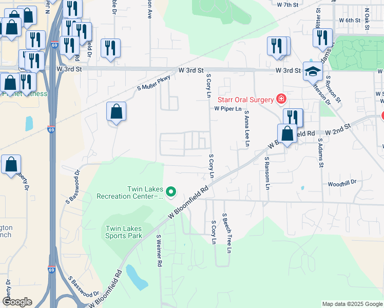 map of restaurants, bars, coffee shops, grocery stores, and more near 2026 West Cory Drive in Bloomington