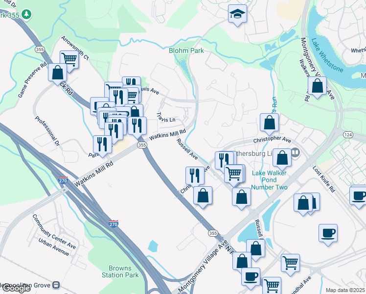 map of restaurants, bars, coffee shops, grocery stores, and more near 1102 Russell Avenue in Gaithersburg