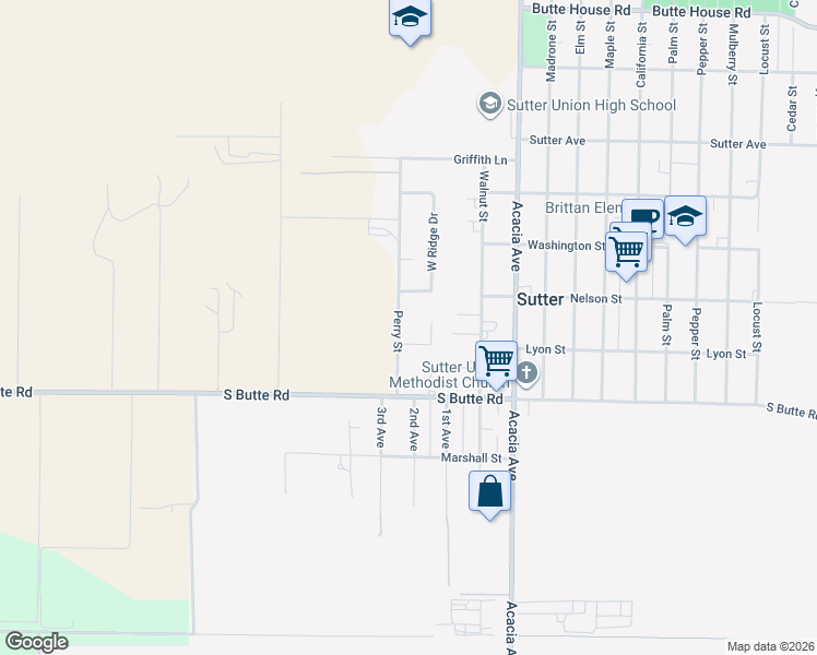 map of restaurants, bars, coffee shops, grocery stores, and more near 2135 Perry Street in Sutter