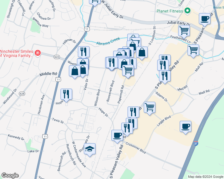 map of restaurants, bars, coffee shops, grocery stores, and more near 2254 Roosevelt Boulevard in Winchester