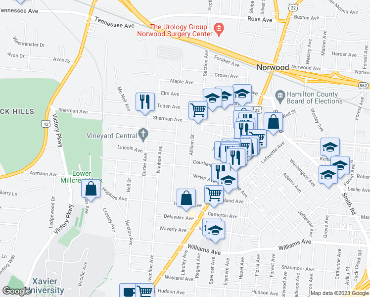 map of restaurants, bars, coffee shops, grocery stores, and more near 1917 Mills Avenue in Cincinnati