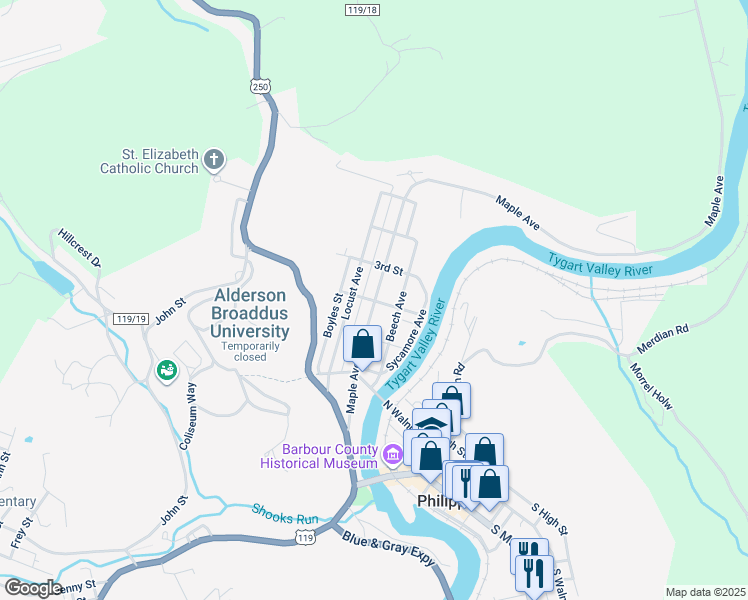 map of restaurants, bars, coffee shops, grocery stores, and more near 301 Maple Avenue in Philippi