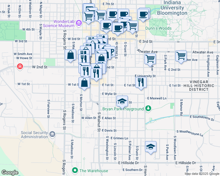 map of restaurants, bars, coffee shops, grocery stores, and more near 607 South Washington Street in Bloomington