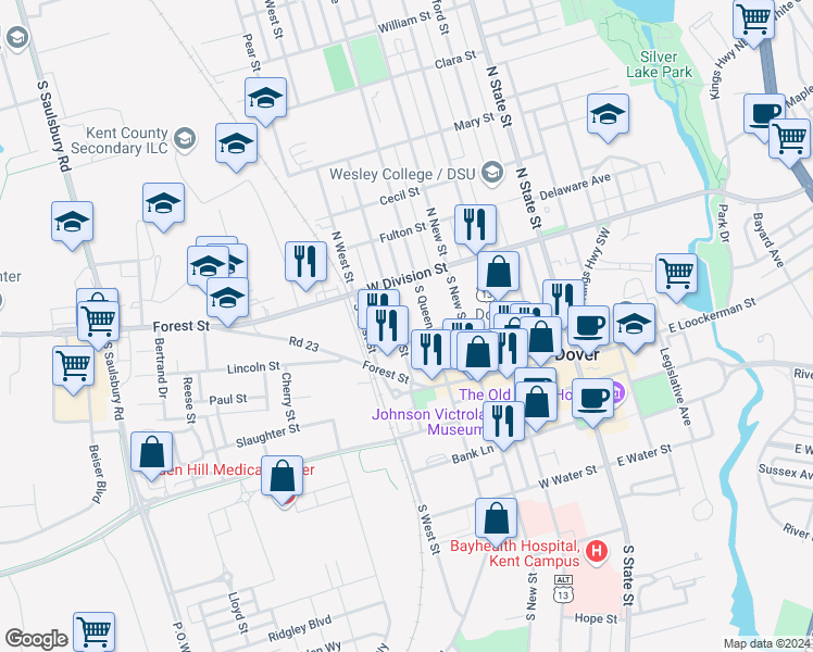 map of restaurants, bars, coffee shops, grocery stores, and more near 47 Kirkwood Street in Dover