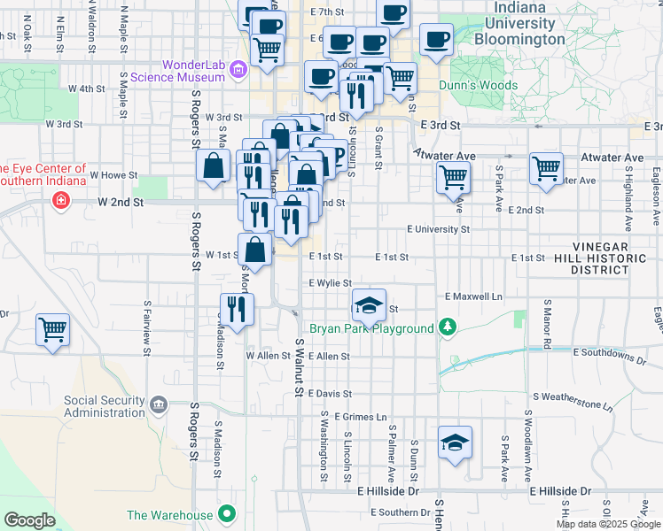 map of restaurants, bars, coffee shops, grocery stores, and more near 607 South Washington Street in Bloomington