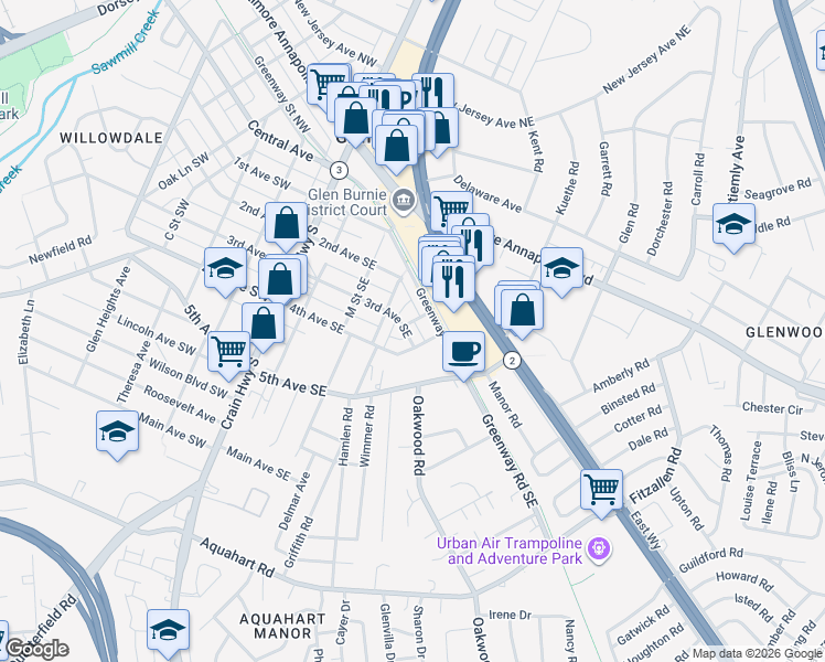 map of restaurants, bars, coffee shops, grocery stores, and more near 303 3rd Avenue Southeast in Glen Burnie