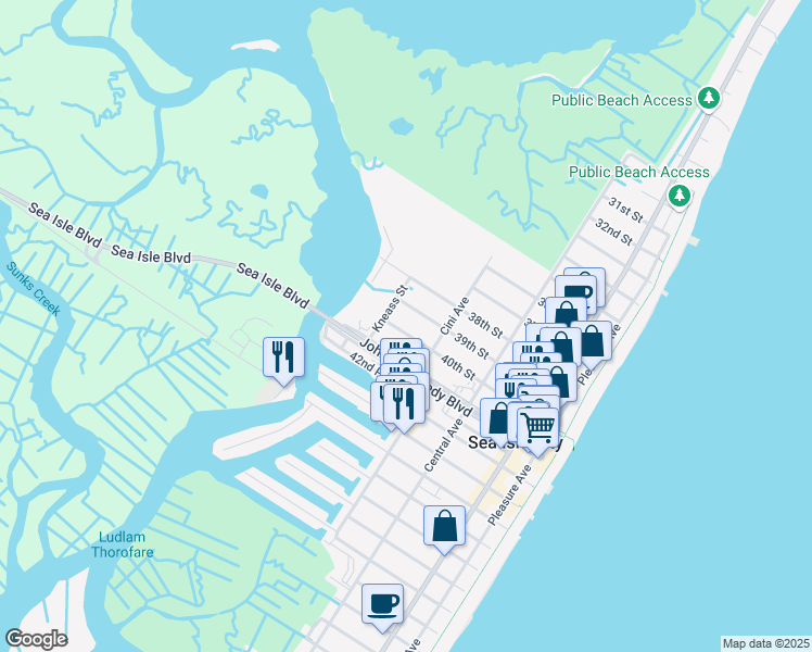 map of restaurants, bars, coffee shops, grocery stores, and more near 317 40th Street in Sea Isle City