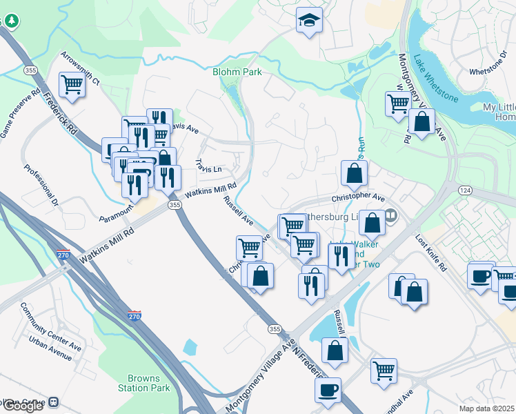 map of restaurants, bars, coffee shops, grocery stores, and more near 953 Russell Avenue in Gaithersburg